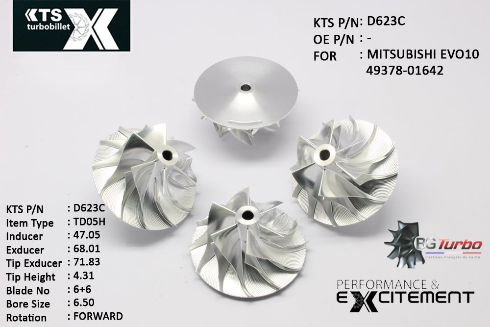 Turbo ROUE FORGÉE MFS PERFORMANCE - 6+6 PALES - INDUCER : 47,05 - EXDUCER : 68,01 - TYPE : TD05HANGLE : 55° - ROTATION : Forward - SUPER BACK : 2,9 - BORE SIZE : 6,5
